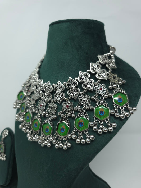 Peacock Motif Oxidized Silver Necklace Set