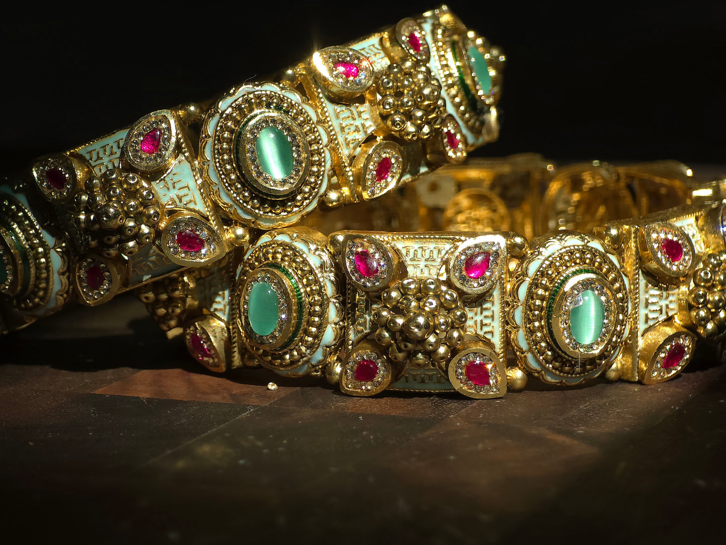 Mint Enamel & Multistone Statement Bangles (Set of 2)