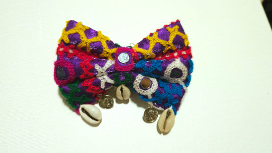 Vibrant Kutchi Embroidered Bow Hair Clip with Cowrie Shells & Coins