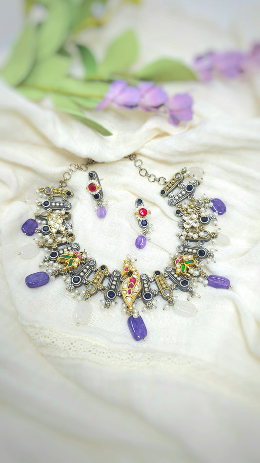 Multicolor Gemstone & Enamel Peacock Choker Set