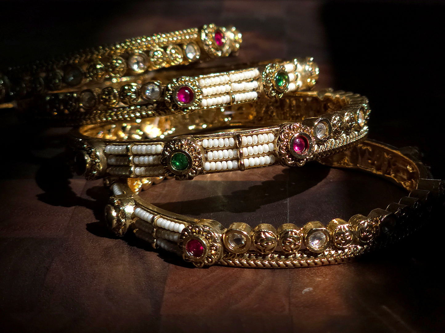 Royal Pearl & Multistone Statement Bangles (Set of 4)