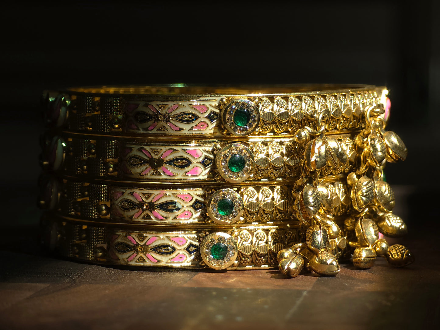 Pink Enamel & Emerald Accent Charm Bangles (Set of 4)