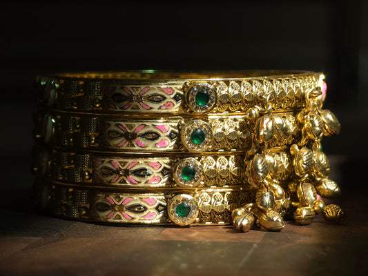 Pink Enamel & Emerald Accent Charm Bangles (Set of 4)