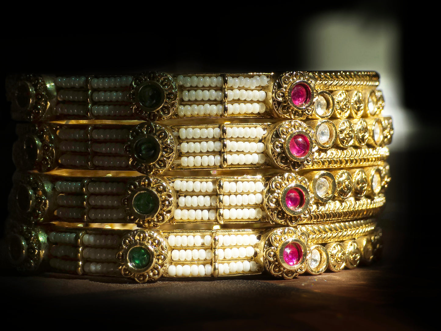 Royal Pearl & Multistone Statement Bangles (Set of 4)