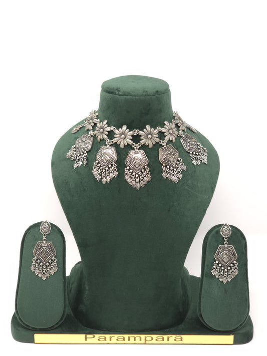 Floral Dangler Oxidized Set