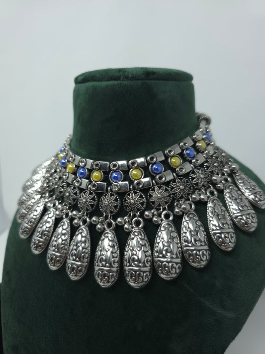 Oxidized Silver Teardrop Necklace Set with Multicolor Beads