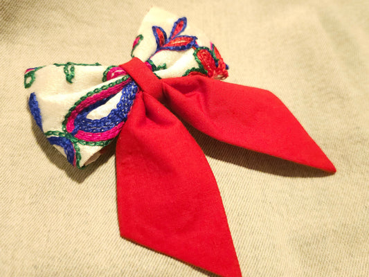 Ivory & Red Embroidered Bow Hair Clip