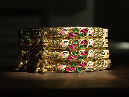 Pink Enamel & Emerald Accent Charm Bangles (Set of 4)