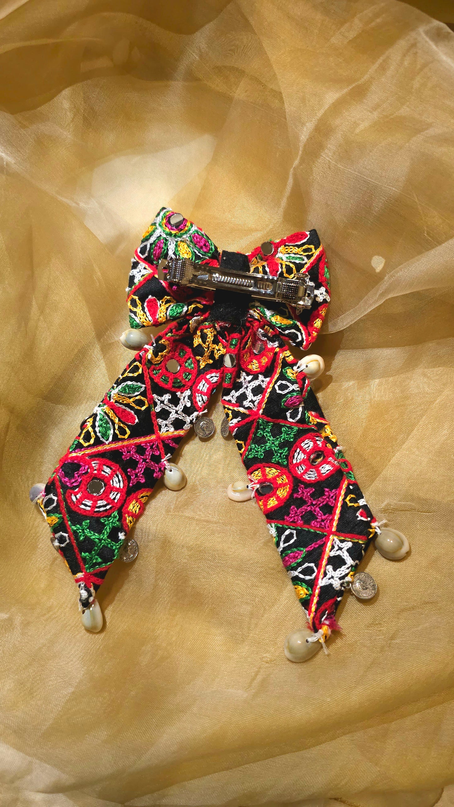Kutch Mirrorwork Bow Hair Clip with Cowrie Shells