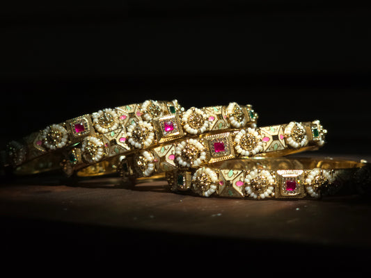 Floral Kundan & Pearl Accent Slim Bangles (Set of 4)