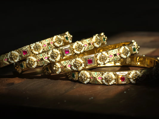 Floral Kundan & Pearl Accent Slim Bangles (Set of 4)