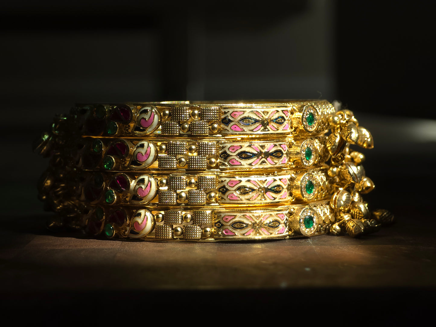 Pink Enamel & Emerald Accent Charm Bangles (Set of 4)